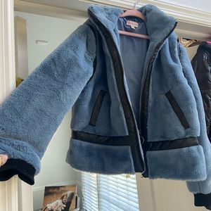 Designer coat plush with leather trim